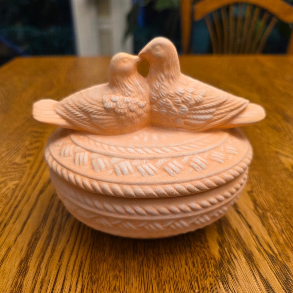 Handmade Vintage Pink Ceramic Lovebirds Trinket Dish Lid Jewelry Box Romantic 76